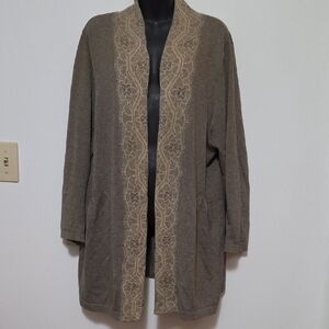 CJ Banks Brown Open-Front Cardigan with Cream Lace Trim